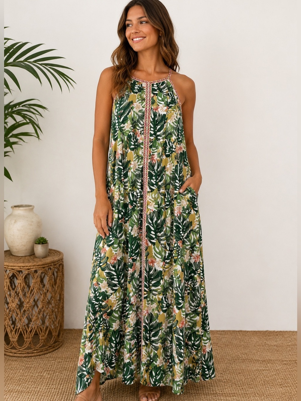 Tropical Leaf Green Maxi Dress with Pink Trim